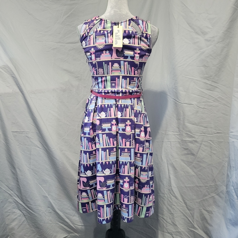 Lindy Bop Lily Baking Bookshelf Dress Navy/Purple - Picture 3 of 11